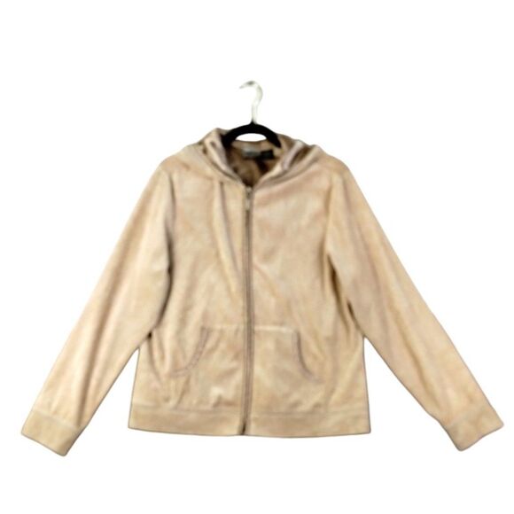 Everlast Hoodie Women's L Long Sleeve Zip Pockets Tan Velour Velvet Satin Y2K - Picture 1 of 11